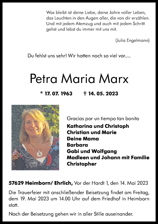 Traueranzeigen Von Petra Maria Marx Rz Trauer De