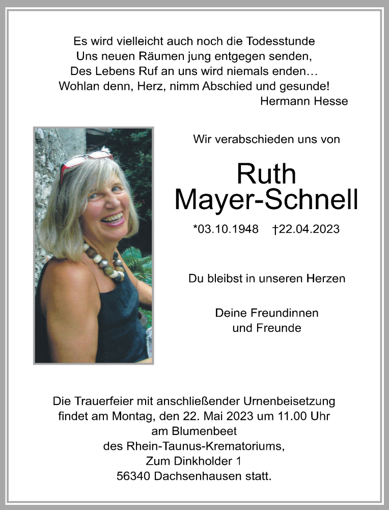 Traueranzeigen Von Ruth Mayer Schnell Rz Trauer De