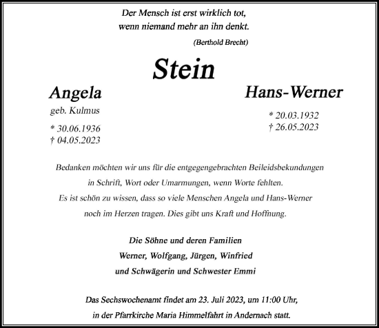 Traueranzeigen Von Angela Und Hans Stein Rz Trauer De