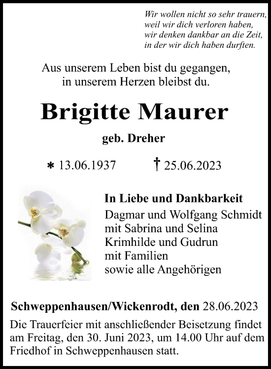 Traueranzeigen Von Brigitte Maurer Rz Trauer De