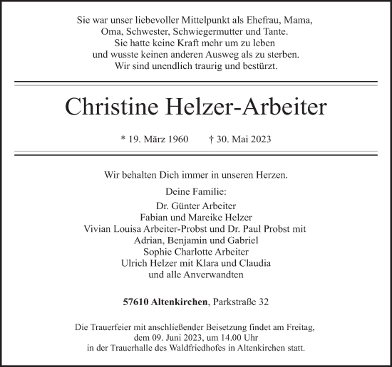 Traueranzeigen Von Christine Helzer Arbeiter Rz Trauer De