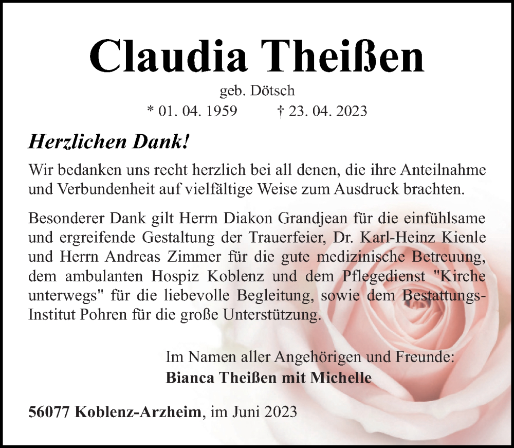 Traueranzeigen Von Claudia Thei En Rz Trauer De