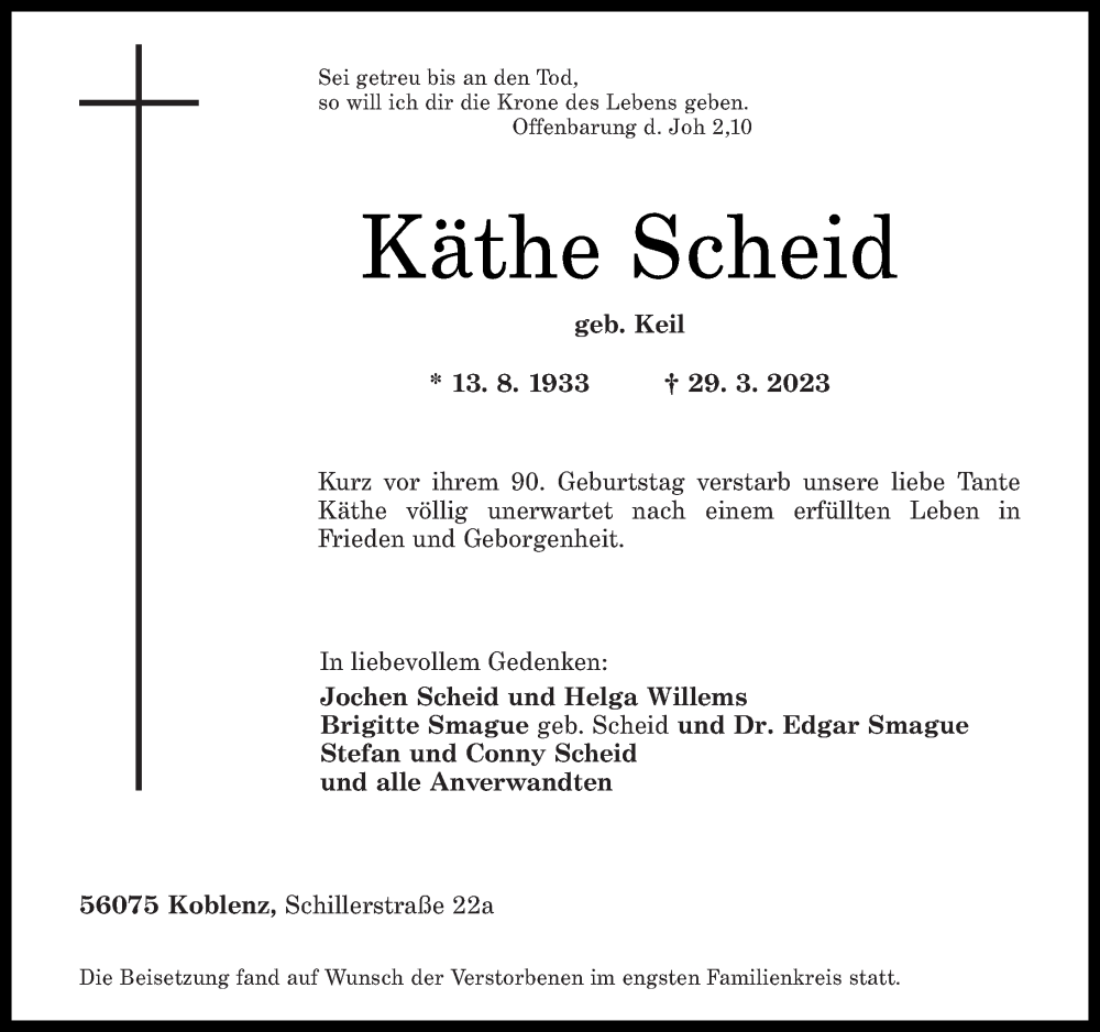 Traueranzeigen von Käthe Scheid rz trauer de