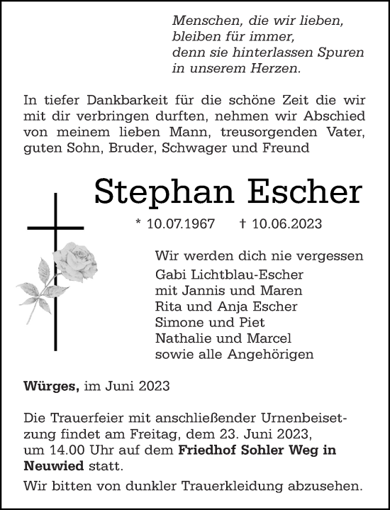 Traueranzeigen Von Stephan Escher Rz Trauer De