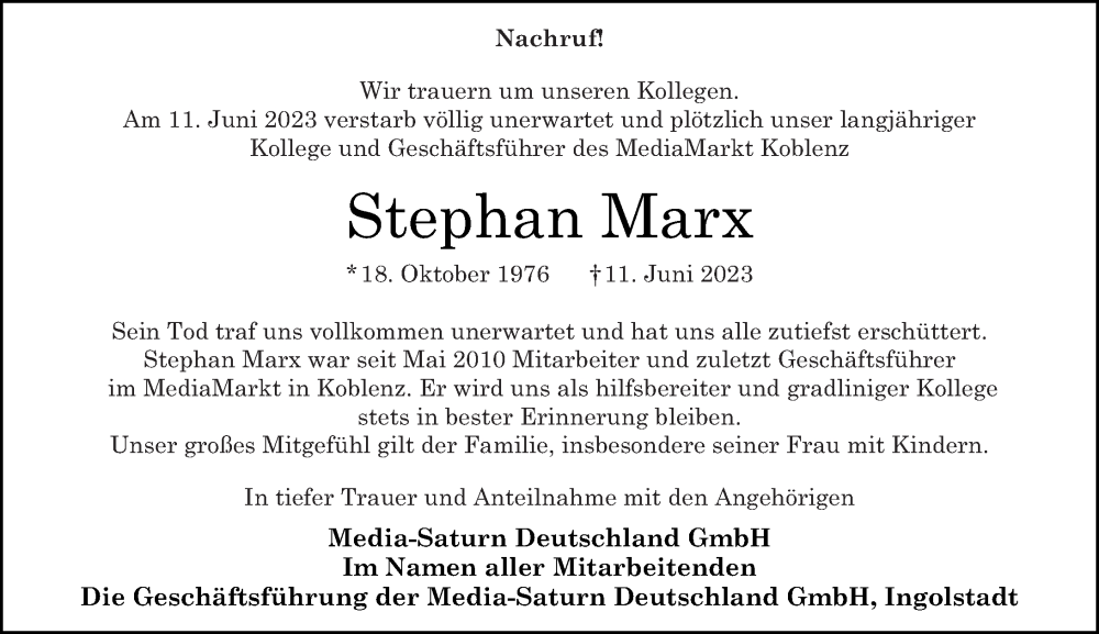 Traueranzeigen Von Stephan Marx Rz Trauer De