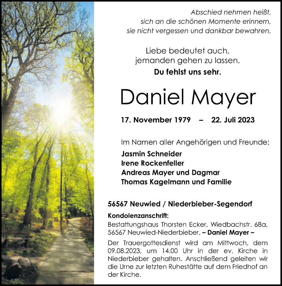 Traueranzeigen Von Daniel Mayer Rz Trauer De