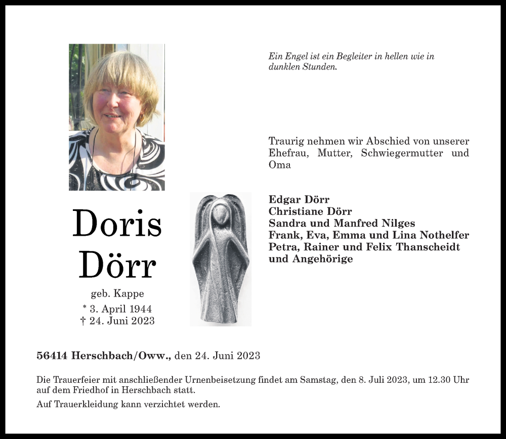 Traueranzeigen von Doris Dörr rz trauer de