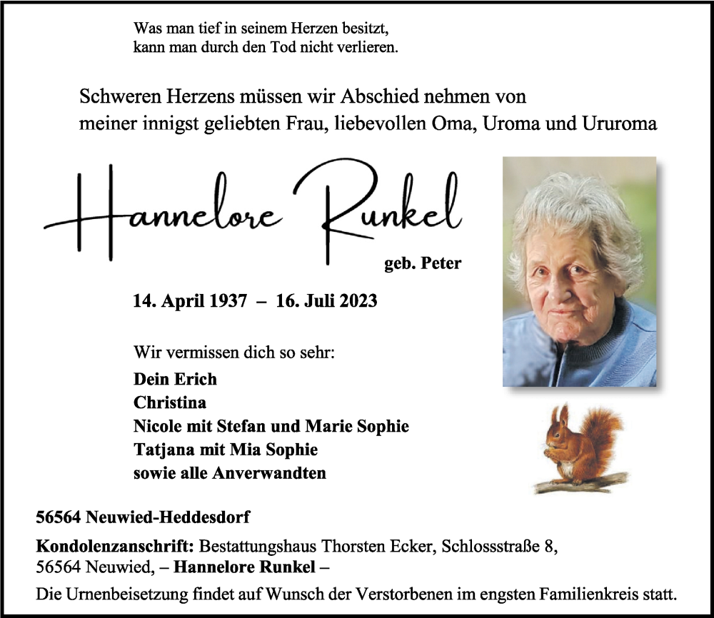 Traueranzeigen Von Hannelore Runkel Rz Trauer De