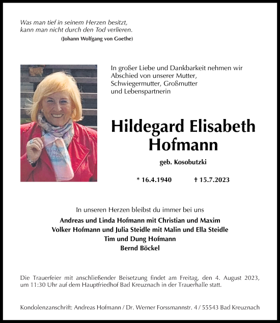 Traueranzeigen Von Hildegard Elisabeth Hofmann Rz Trauer De