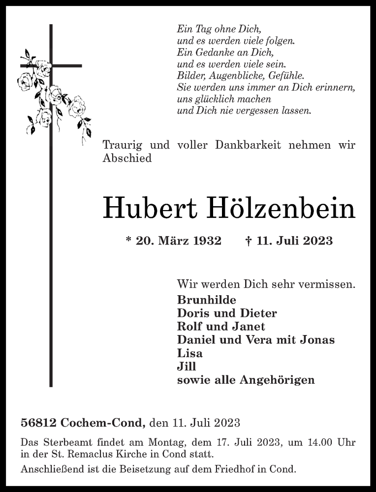 Traueranzeigen von Hubert Hölzenbein rz trauer de