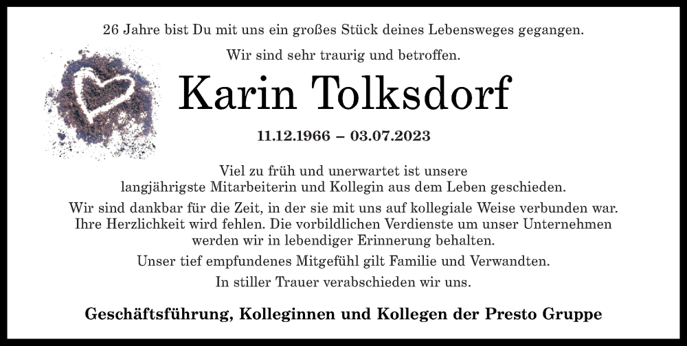 Traueranzeigen Von Karin Tolksdorf Rz Trauer De