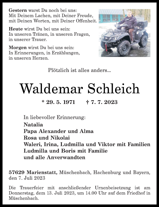 Traueranzeigen Von Waldemar Schleich Rz Trauer De