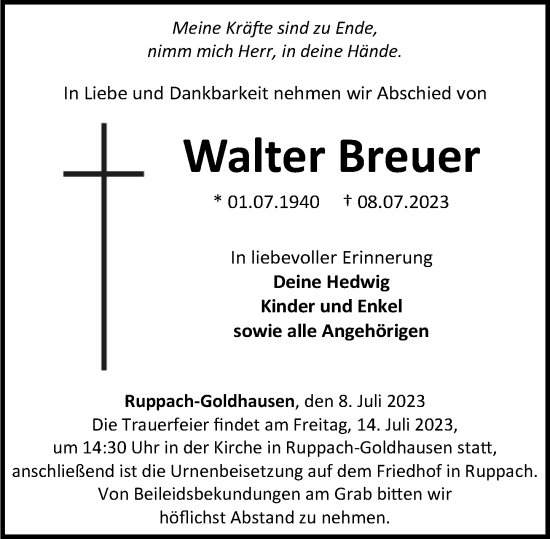 Traueranzeigen Von Walter Breuer Rz Trauer De