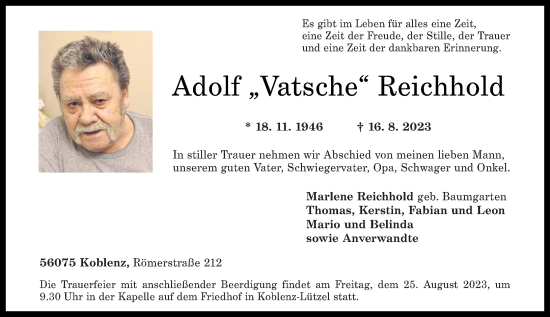 Traueranzeigen Von Adolf Reichhold Rz Trauer De