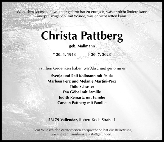 Traueranzeigen Von Christa Pattberg Rz Trauer De