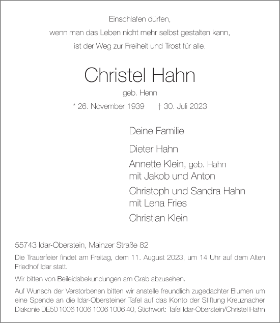 Traueranzeigen Von Christel Hahn Rz Trauer De