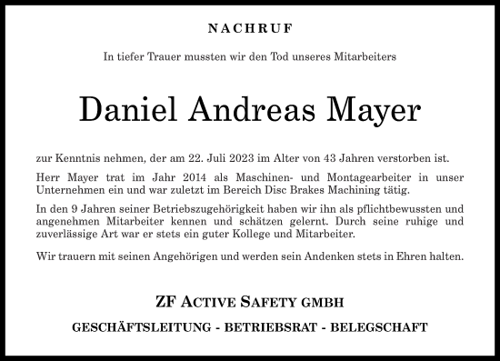 Traueranzeigen Von Daniel Andreas Mayer Rz Trauer De