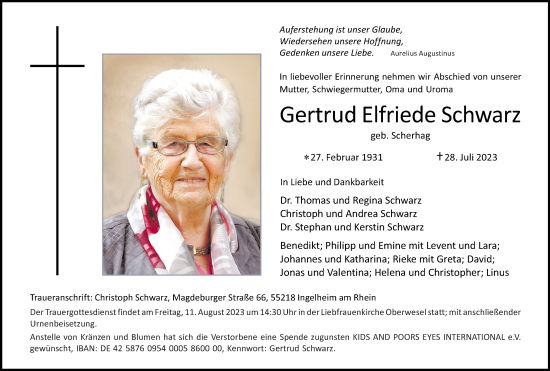 Traueranzeigen Von Gertrud Elfriede Schwarz Rz Trauer De