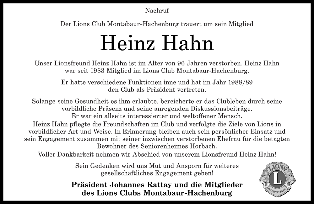 Traueranzeigen Von Heinz Hahn Rz Trauer De