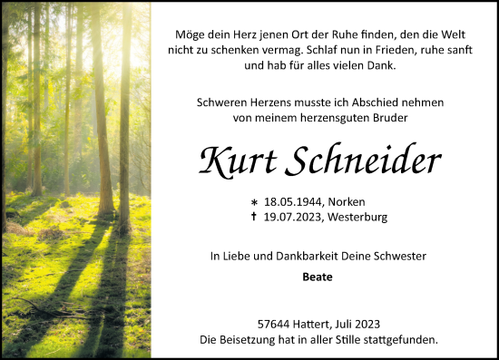 Traueranzeigen Von Kurt Schneider Rz Trauer De