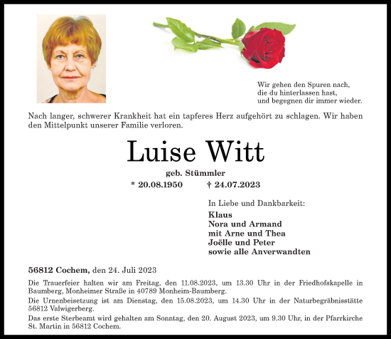 Traueranzeigen Von Luise Witt Rz Trauer De