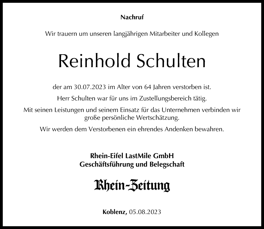 Traueranzeigen Von Reinhold Schulten Rz Trauer De