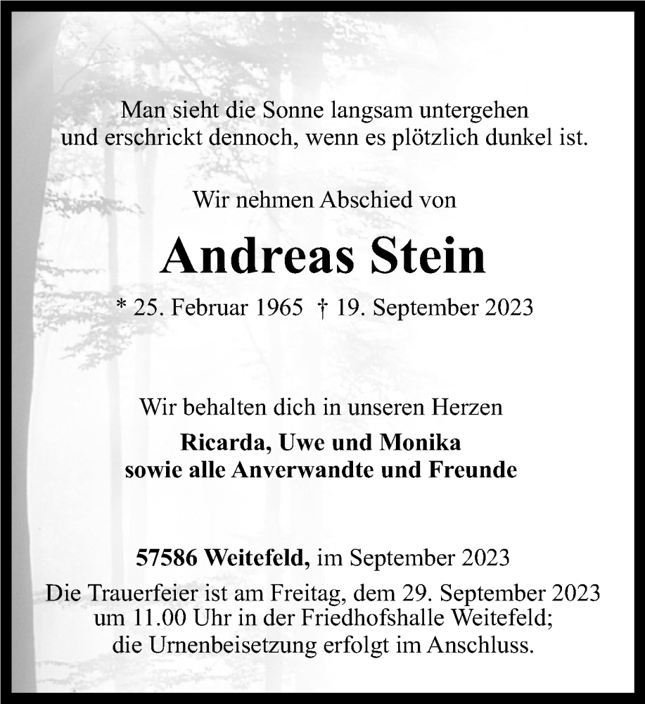 Traueranzeigen Von Andreas Stein Rz Trauer De