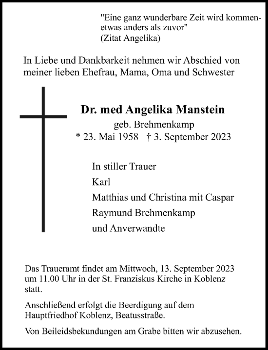 Traueranzeigen Von Angelika Manstein Rz Trauer De