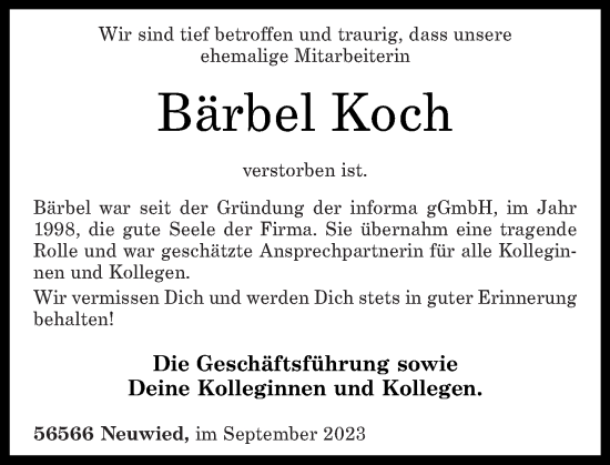 Traueranzeigen von Bärbel Koch rz trauer de