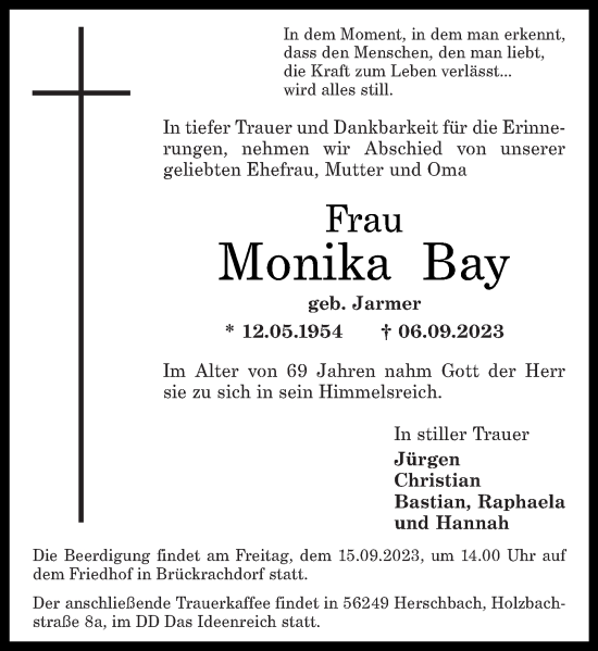 Traueranzeigen Von Monika Bay Rz Trauer De