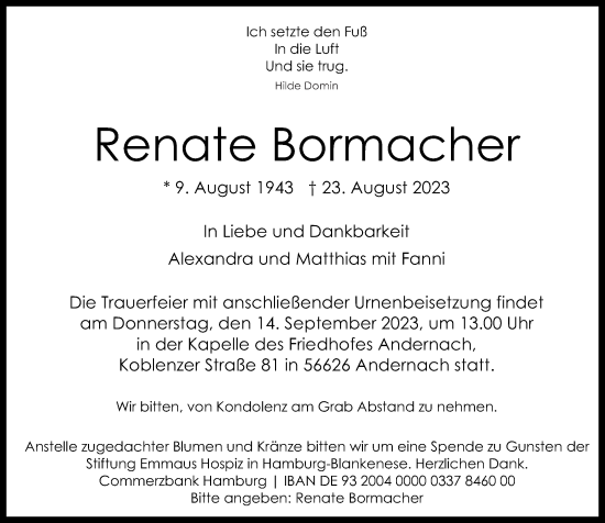 Traueranzeigen Von Renate Bormacher Rz Trauer De