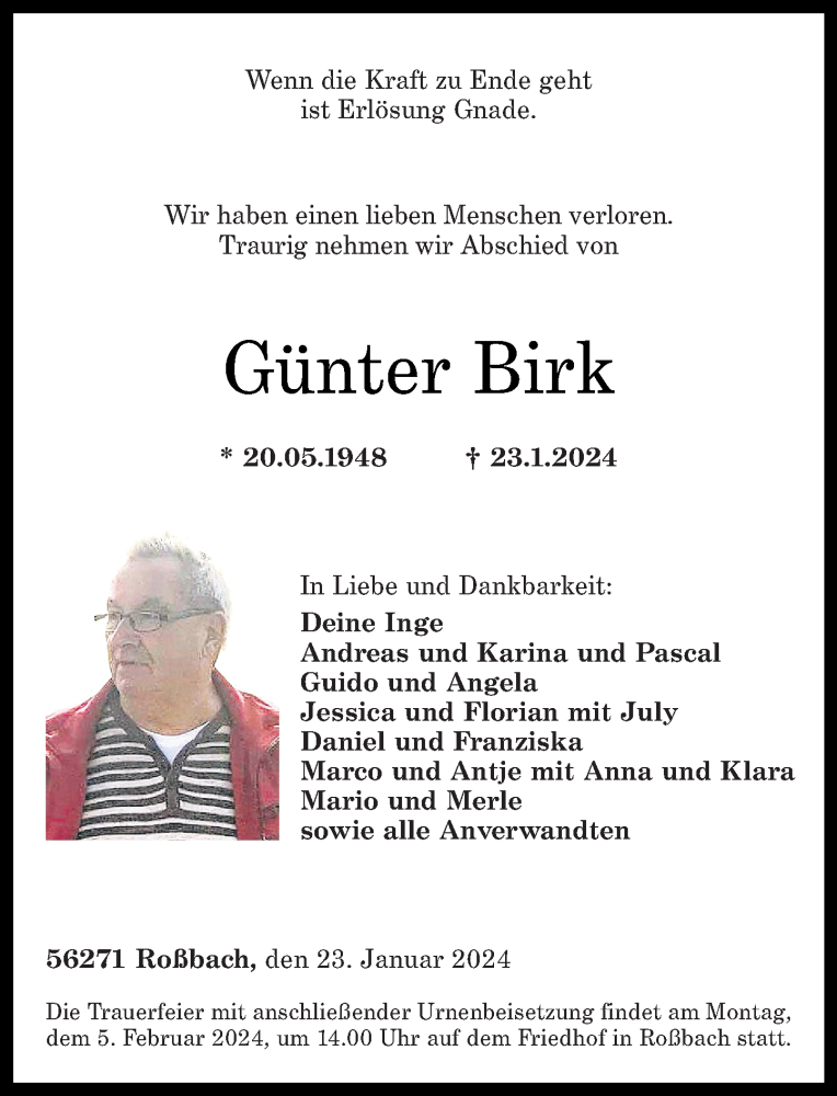 Traueranzeigen von Günter Birk rz trauer de