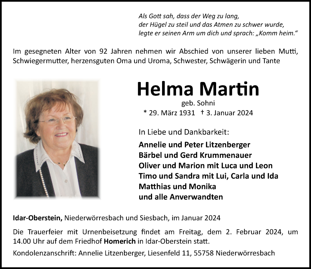 Traueranzeigen Von Helma Martin Rz Trauer De