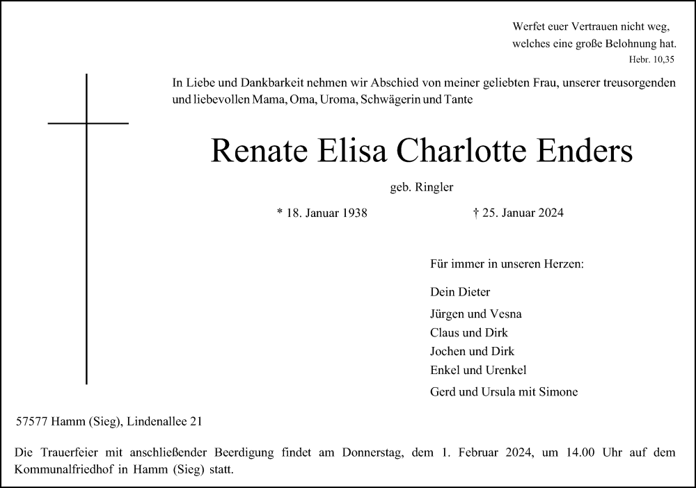 Traueranzeigen Von Renate Elisa Charlotte Enders Rz Trauer De