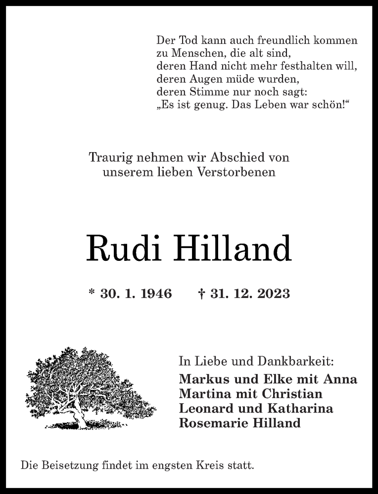 Traueranzeigen Von Rudi Hilland Rz Trauer De