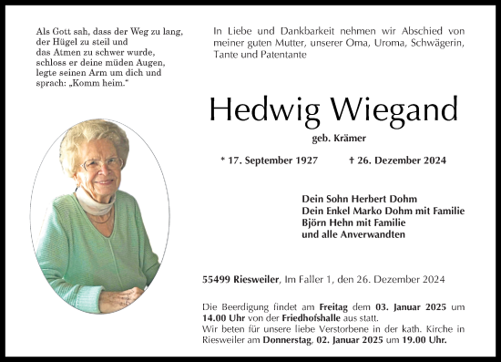 Traueranzeigen Von Hedwig Wiegand Rz Trauer De