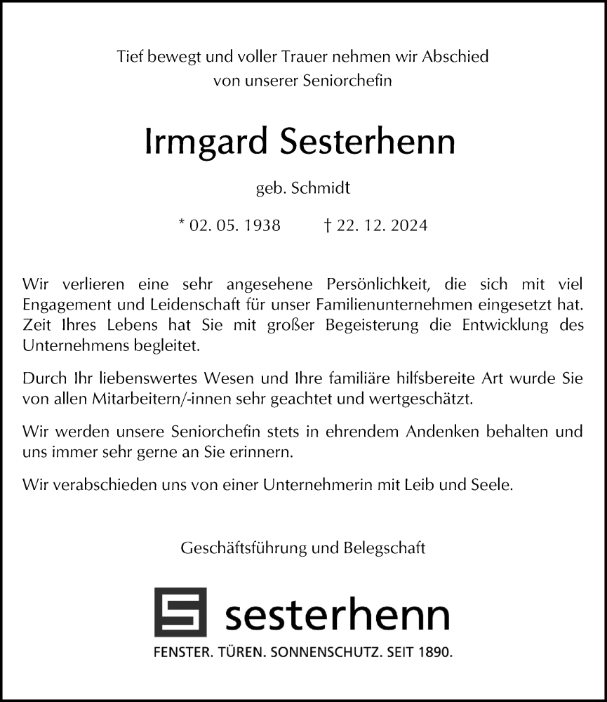 Traueranzeigen Von Irmgard Sesterhenn Rz Trauer De