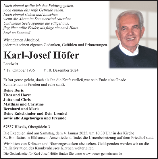 Traueranzeigen Von Karl Josef H Fer Rz Trauer De