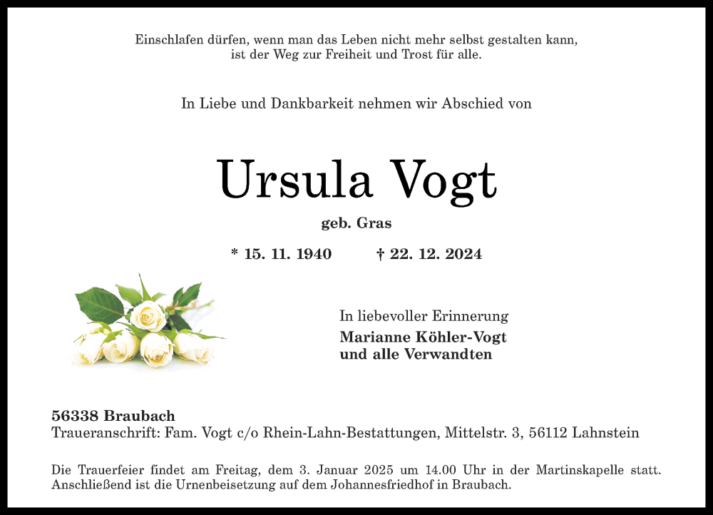 Traueranzeigen Von Ursula Vogt Rz Trauer De