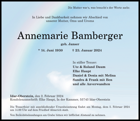 Traueranzeigen Von Annemarie Bamberger Rz Trauer De