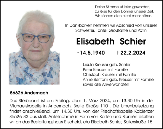 Traueranzeigen Von Elisabeth Schier Rz Trauer De