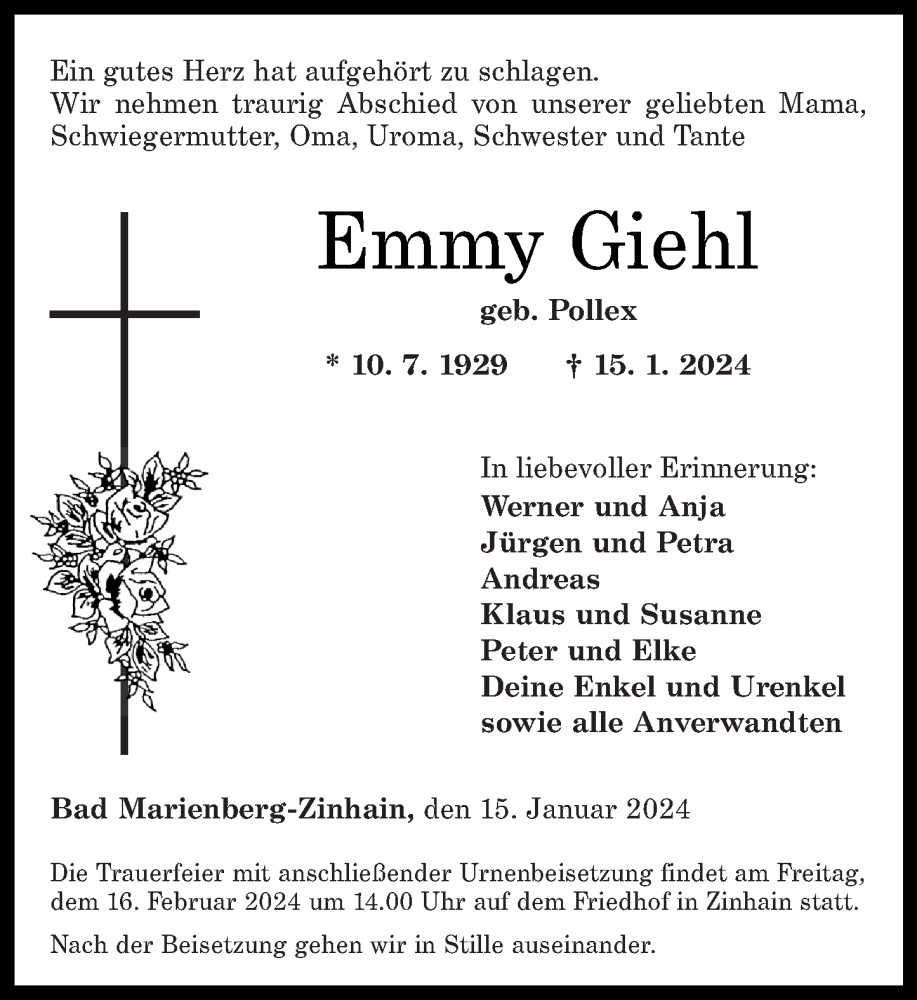 Traueranzeigen Von Emmy Giehl Rz Trauer De