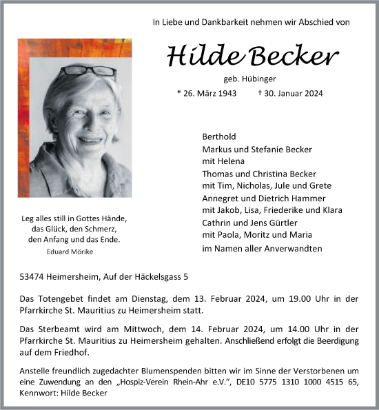 Traueranzeigen Von Hilde Becker Rz Trauer De