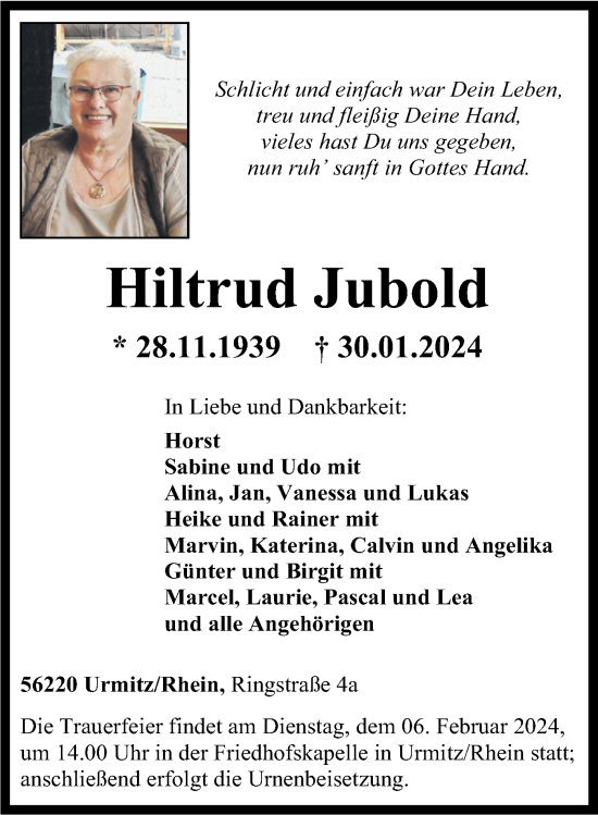 Traueranzeigen Von Hiltrud Jubold Rz Trauer De