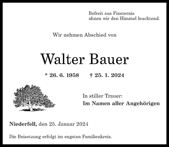 Traueranzeigen Von Walter Bauer Rz Trauer De