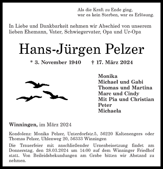 Traueranzeigen von Hans Jürgen Pelzer rz trauer de