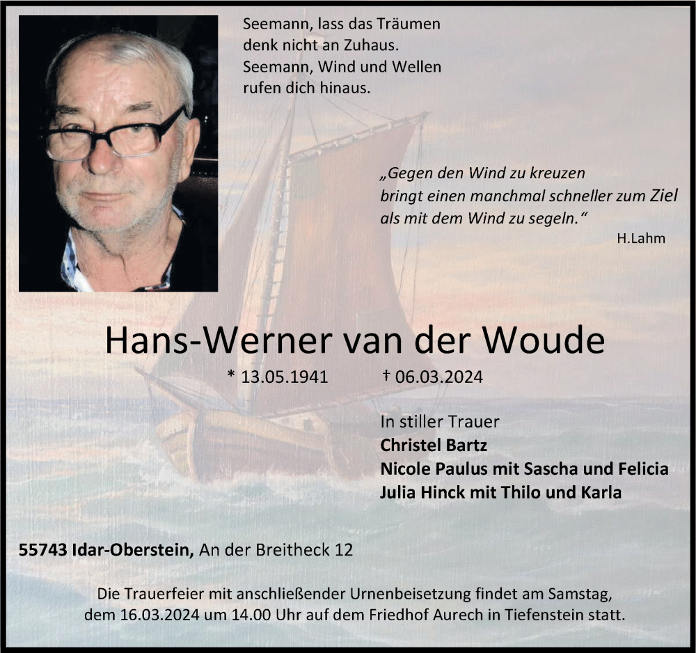 Traueranzeigen Von Hans Werner Van Der Woude Rz Trauer De