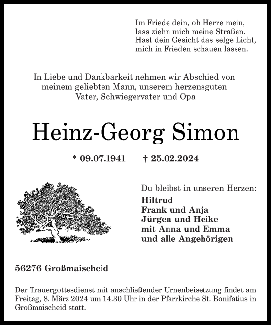 Traueranzeigen Von Heinz Georg Simon Rz Trauer De