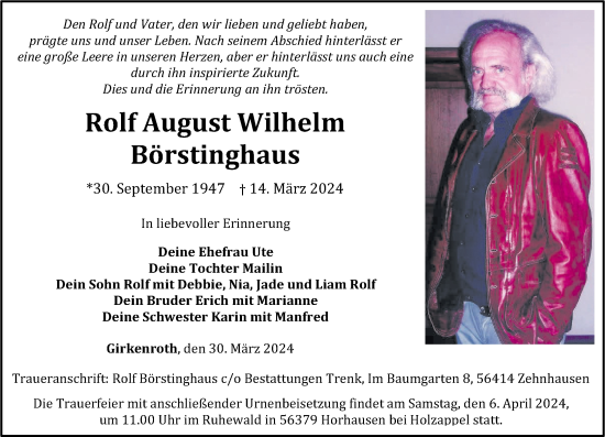 Traueranzeigen Von Rolf August Wilhelm B Rstinghaus Rz Trauer De