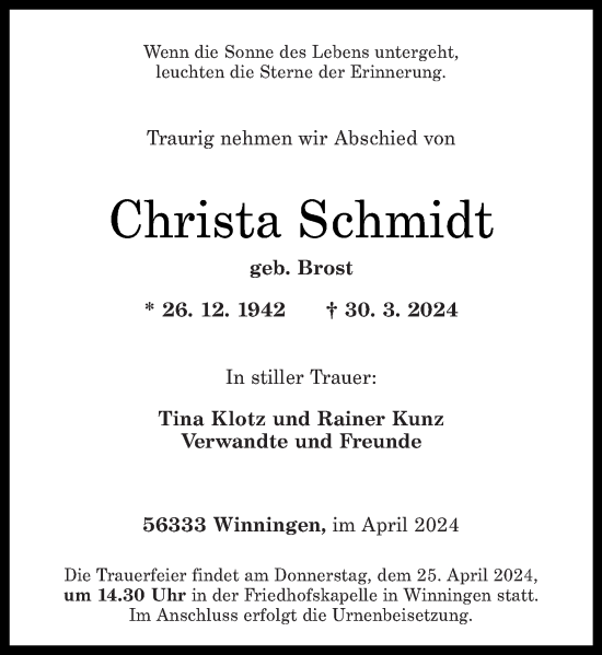 Traueranzeigen Von Christa Schmidt Rz Trauer De